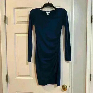 Leith Women's XS Blue Ruched Long Sleeve Knee Length Dress